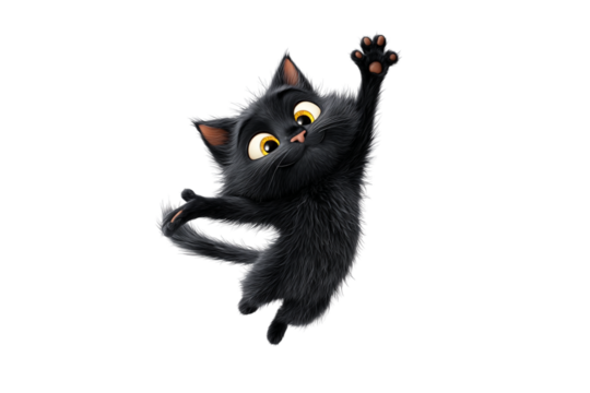 Stylized Cartoonish Black Cat in Mid-Jump Giving High Five with Paw Raised, Dynamic Diagonal Pose, Isolated on Transparent Background 