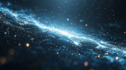 Abstract cosmic cinematic background with glowing white dust particles floating in dark space illuminated by radiant light creating a dreamy futuristic atmosphere with depth and motion effect