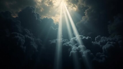Divine light streams through dramatic dark clouds, inspiring hope and wonder