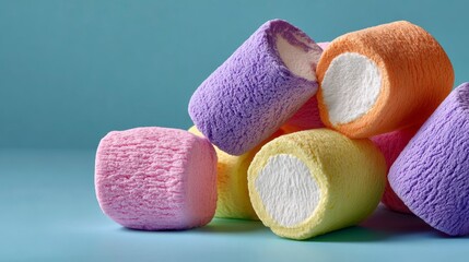 Pile of colorful marshmallows on a blue surface. The marshmallows are in various colors, including pink, purple, yellow, and orange. Concept of fun and playfulness
