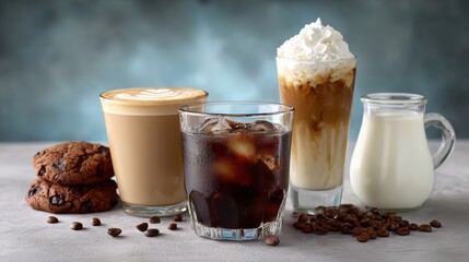 Table with a variety of drinks and snacks, including a glass of iced coffee, a glass of milk, and a glass of iced tea