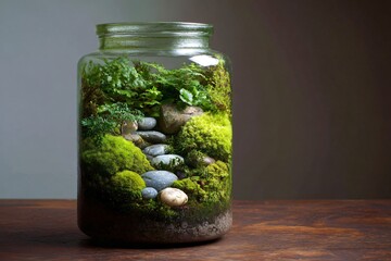 Glass jar terrarium with moss rocks and miniature landscape on wooden surface.