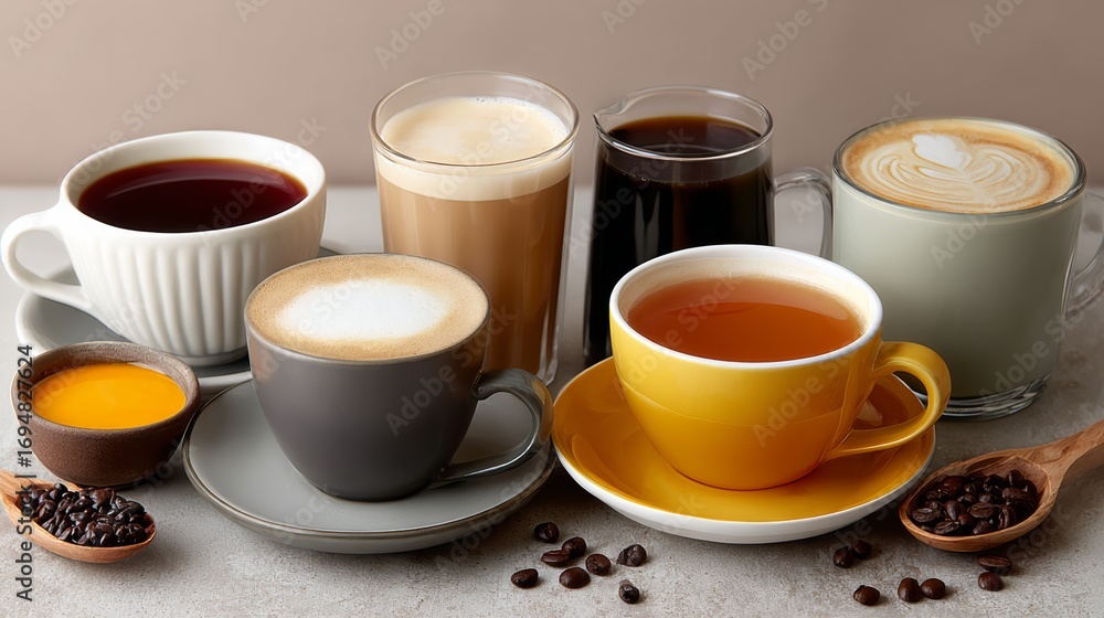 Aufkleber row of coffee cups with different flavors and colors. the cups are arranged on a table with a spoon 