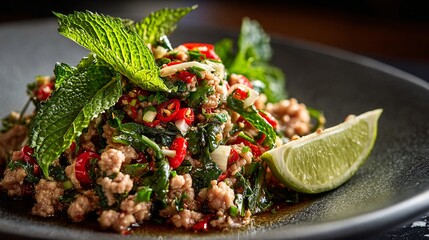 Spicy Thai Larb Moo with Fresh Mint and Zesty Lime Garnish