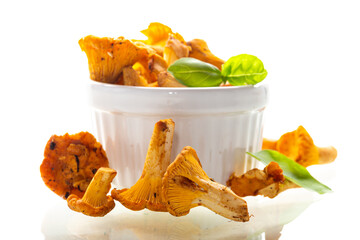 Still life with raw chanterelles on white background