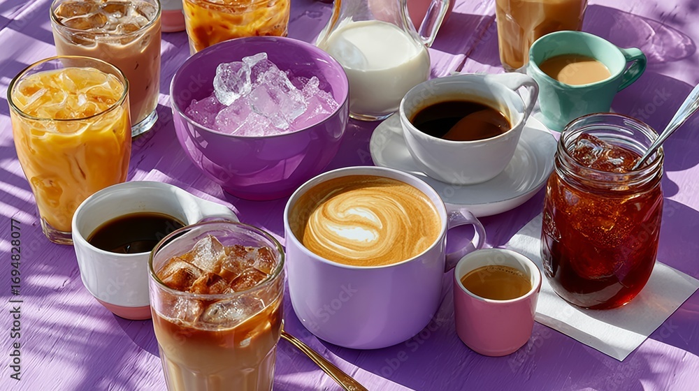 Poster table with many different types of drinks, including coffee, tea, and juice. the drinks are arranged
