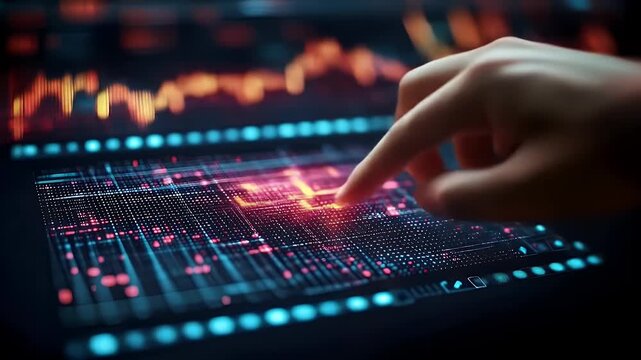 赤い強調表示とグラフ表示のデジタルインターフェースを操作する手のクローズアップ