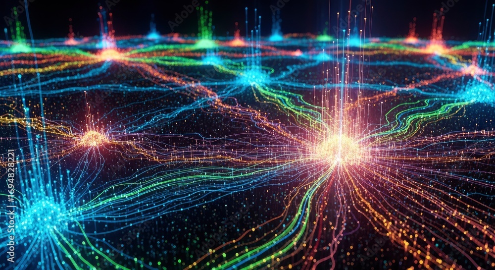Poster vibrant glowing lines and clusters of light form an intricate network across a dark speckled surface
