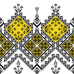 Traditional Ukrainian cross-stitch pattern with geometric patterns, floral motifs, pixelated vector. fabric print design.embroidery style illustration, abstract pixel art.Black and yellow lace pattern