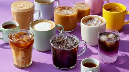 Collection of coffee cups and glasses, including iced coffee, hot coffee, and tea. Scene is relaxed and inviting, as the cups