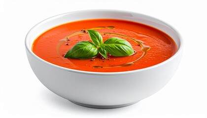 Vibrant red tomato soup in a white bowl, garnished with fresh basil, olive oil, and black pepper, isolated on a white background.