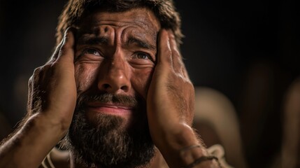 Esau crying in anguish before Isaac after Jacob’s deception, tent interior dimly lit by oil lamps, Isaac seated with sorrowful face, Esau kneeling, fists clenched, raw grief echoing in silence.