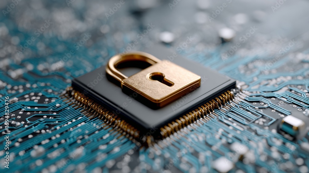 Poster computer chip with a gold key on it. the key is on the chip and the chip is on a blue background