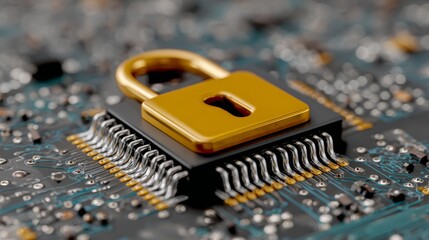 Golden key is placed on a computer chip. The key is shiny and stands out against the dark background of the chip. Concept of security and protection, as the key is often associated with locks