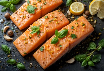 Overhead shot of salmon fillets with basil leaves, garlic cloves, and lemon zest, natural light, high-resolution food photo.