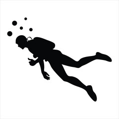 Silhouette of a diver swimming underwater with bubbles