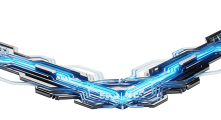 Sleek digital corner border with glowing electric blue and cyan light trails, black circuitry, metallic accents, on transparent background, concept of technological innovation