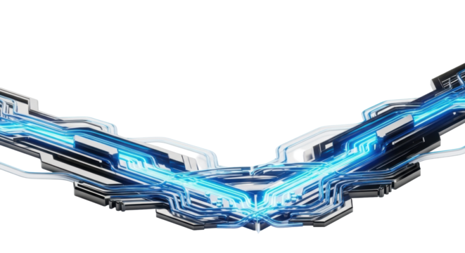 Sleek digital corner border with glowing electric blue and cyan light trails, black circuitry, metallic accents, on transparent background, concept of technological innovation