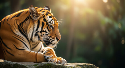 Majestic tiger resting serenely on rock bathed in warm golden hour sunlight