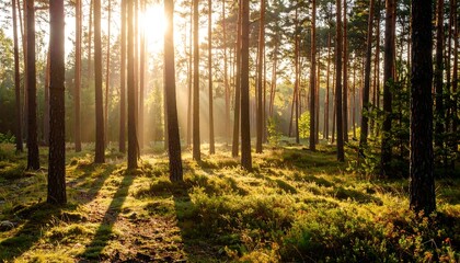 Naklejka premium Sunlight filtering through a dense pine forest