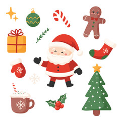 Set of Christmas elements. Cute Christmas collection with Santa Claus, Christmas tree, gingerbread man, sock, candy cane, hot drink, gift isolated on white background. Vector illustration