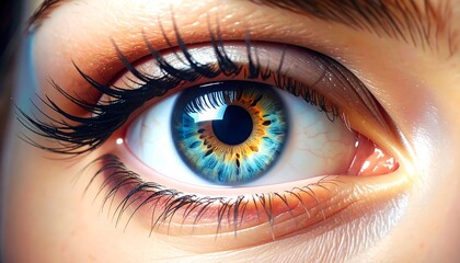 Fototapeta premium Close-up of an eye with a vibrant, multicolored iris, showcasing intricate patterns and rich color palettes. Detailed textures and light effects highlight the delicate structure.