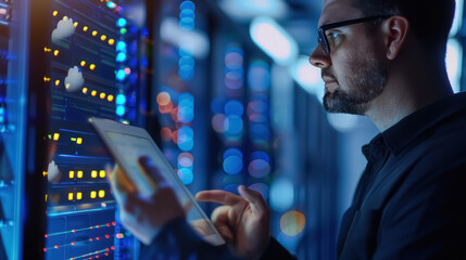 Hybrid cloud combines public and private cloud flexibility, A professional analyzing data on a tablet in a high-tech server room.