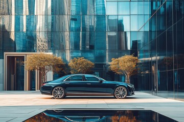 Dark car parked in front of a modern glass building with trees.