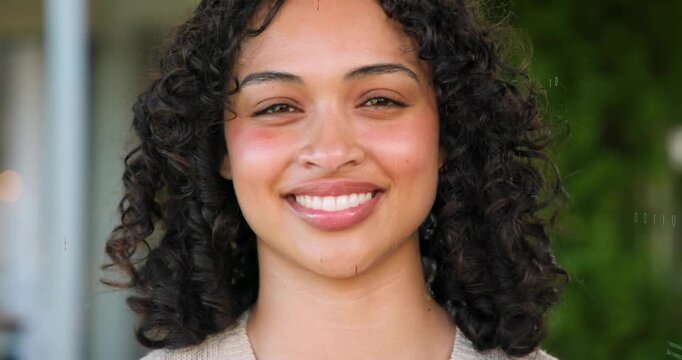 Adult woman smiling then laughing, causing camera zooming and code swirling illustrating technology