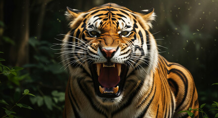 Fototapeta premium Fierce tiger bares fangs in intense jungle close-up, conveying raw power and wild spirit