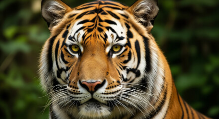 Fototapeta premium Majestic tiger's intense gaze captivates with piercing yellow eyes and striking stripes, a symbol of power.