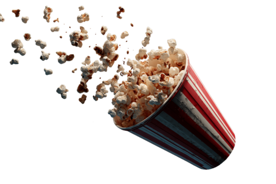 - Tilted Red and White Popcorn Bucket with Popcorn Bursting Out Mid-Air, Diagonal Angle, Isolated on Transparent Background