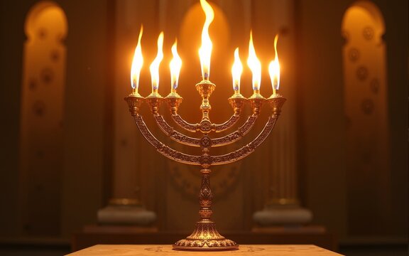 Seven-armed golden menorah candlestick in a tabernacle sanctuary with fire and flame effects, Seven arms, golden. High quality