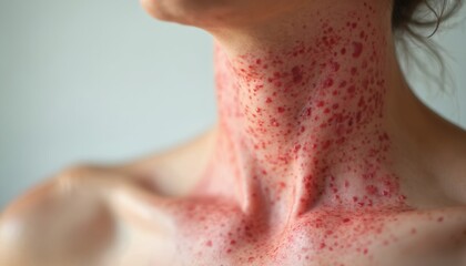 Fototapeta premium Close-up on neck showing skin rash with red inflamed lesions and bumps. Medical dermatology detail depicts irritation, redness, eruption, possible dermatitis or eczema.
