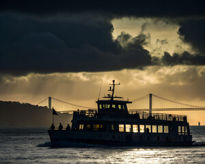 Ferry Boat at Sunset with Bridge