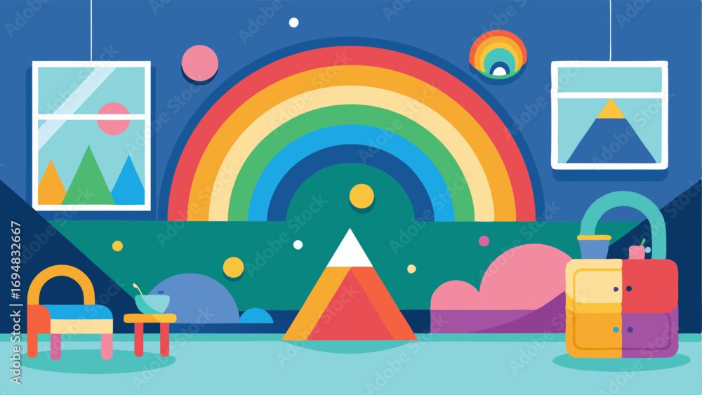 Aufkleber a playroom with a colorblocked abstract mural on the wall featuring rainbow colors and geometric sha