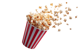 Tilted Red and White Popcorn Bucket with Popcorn Bursting Out Mid-Air, Diagonal Angle, Isolated on Transparent Background 