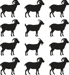 Collection of black goat silhouettes standing in rows on white background