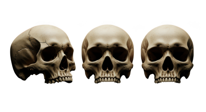 Three human skulls in different angles isolated on transparent background