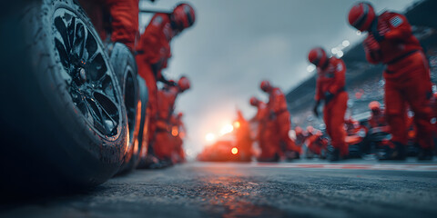Professional pit crew ready for action as their teams race car arrives in the it lane during a pitstop o a car race, concept of ulimate teamwork