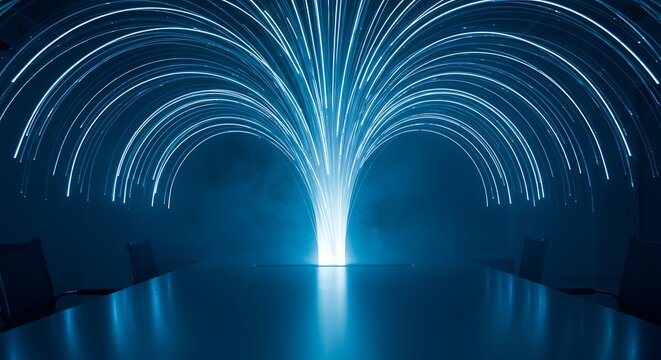 Dynamic data flow illuminating a modern conference room, perfect for tech innovation and growth,Generated Image