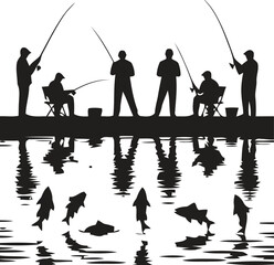 Silhouette of diverse anglers fishing from a pier with jumping fish reflections