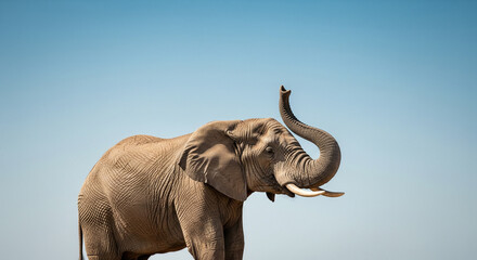 Obraz premium Majestic African elephant raises trunk against clear blue sky, symbolizing power and freedom