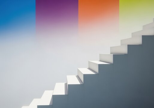 Modern minimalist staircase with white steps ascending against colorful abstract background in contemporary interior design