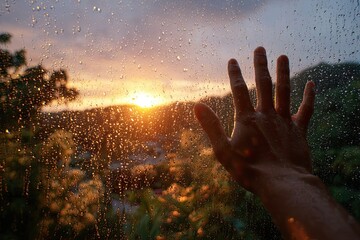 A hand reaching through a rainy window at sunset