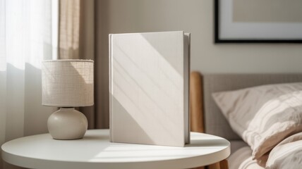 Blank Book on Nightstand: A neutral-toned hardcover book stands on a small, round table next to a bedside lamp, nestled in a serene bedroom setting bathed in soft, natural light.