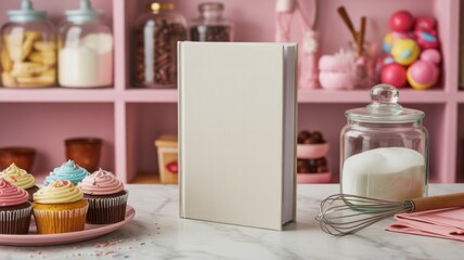 Sweet Cookbook Showcase: An inviting culinary still life featuring a blank cookbook standing on a marble surface, with an array of sweet cupcakes and baking essentials arranged around it.