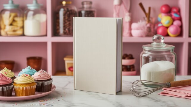 Sweet Cookbook Showcase: An inviting culinary still life featuring a blank cookbook standing on a marble surface, with an array of sweet cupcakes and baking essentials arranged around it.