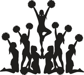 Silhouette of a cheerleading squad performing a pyramid formation with pom poms