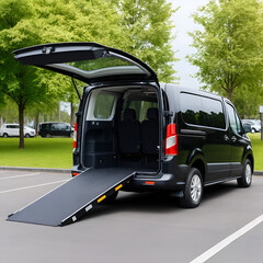 Accessible van with lift ramp for disabled persons. Black vehicle parked in parking space. Mobility assistance for wheelchair users. Comfortable transportation, independence. Health care, patient